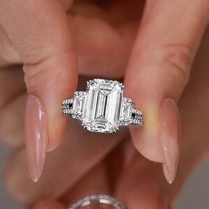 S925 Sterling Silver 8×12mm Emerald Cut High Carbon Diamond Ring Size 6